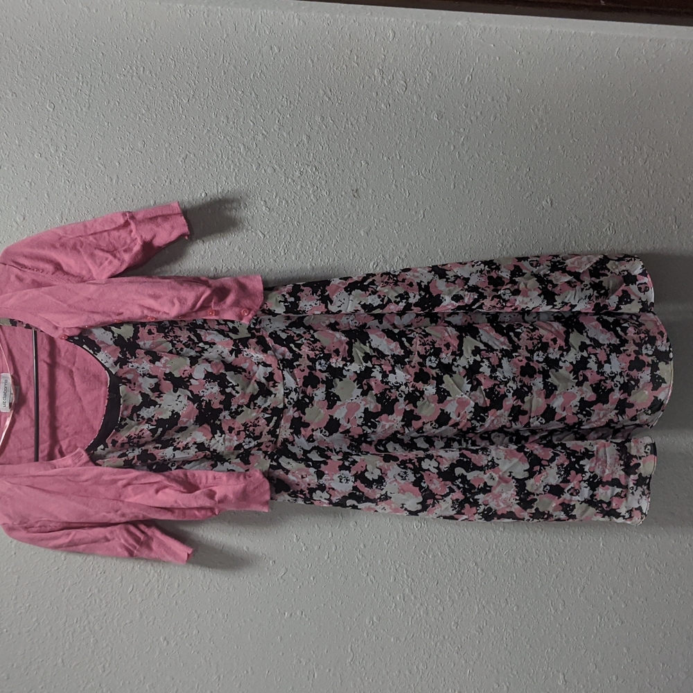 Black and pink floral dress with pink 3/4 sleeve sweater. Size 4